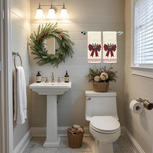 Christmas White Guest Hand Bathroom Towels, Winter Farmhouse Bow, 16x26" - color: Holiday Bow