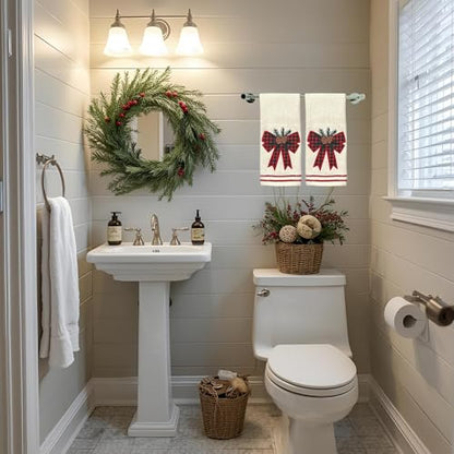 Christmas White Guest Hand Bathroom Towels, Winter Farmhouse Bow, 16x26" - color: Holiday Bow
