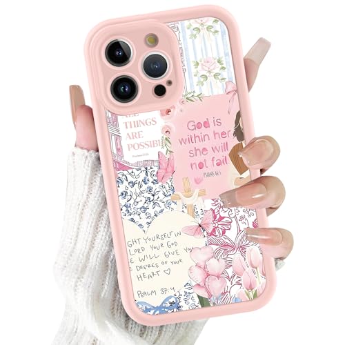 for iPhone 14 Pro 6.1'' Pink & Blue Flower Christian Collage Phone Case, Cute Floral Bible Verse Cross & Jesus Case, Slim TPU Shockproof Protective Phone Cover for Women Girls - color: Pink & Blue Cross Collage, size: iPhone 14 Pro