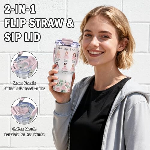 Christian Gifts for Girls, God Says I Am Princess Tumbler with Top Handle and Flip Straw Lid 20oz Stainless Steel Insulated Travel Cups, Inspirational Religious Birthday Gifts for Girls Catholic - color: Christian Princess01