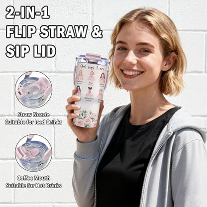Christian Gifts for Girls, God Says I Am Princess Tumbler with Top Handle and Flip Straw Lid 20oz Stainless Steel Insulated Travel Cups, Inspirational Religious Birthday Gifts for Girls Catholic - color: Christian Princess01