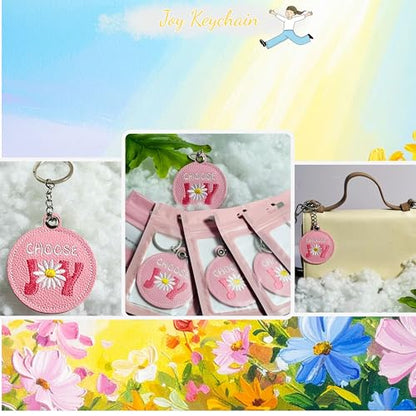 Handmade Jesus Keychain Pink PU Leather Embroidered Inspirational Quote Bag Charm, Christian Faith Keychain - color: Choose Joy