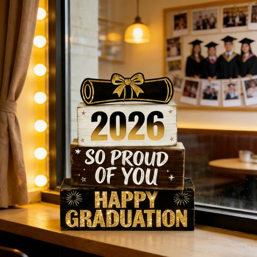 2026 Graduation Table Decorations Class of 2026 Senior Tiered Tray Decor Wooden Happy Graduation Signs Farmhouse Congrats Grad Tabletop Party Centerpiece for Tables Wooden Sign for Home Decor - style: Grad Cap