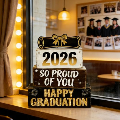 2026 Graduation Table Decorations Class of 2026 Senior Tiered Tray Decor Wooden Happy Graduation Signs Farmhouse Congrats Grad Tabletop Party Centerpiece for Tables Wooden Sign for Home Decor - style: Grad Cap