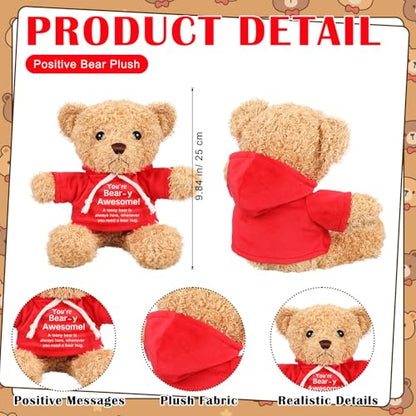 Hollowfly 9.84 Inch Christmas Teddy Bear Stuffed with Positive Messages Cute Red Hoodie Bear Playthings Gifts for Women Men Coworker Birthday Positive Creative Decor - size: 9.84 Inch, style: Clothes-up Bear
