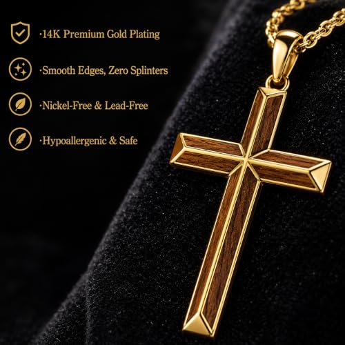 14K Gold Plated Wood Cross Necklace for Men Christian Pendant Jewelry - color: A03-Cross