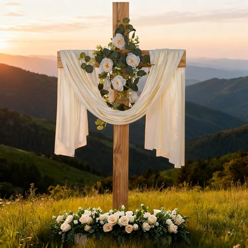 71Inch Large Wooden Cross for Wedding White Ribbon Eucalyptus Garland Brown - color: Brown, size: 71Inch