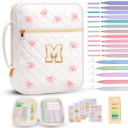 Bible Bag for Women, Bible Cover Case with Study Supplies, Initials Personalized Quilted Bible Bag, Large Chenille Bible Cover – Christian Gift for Girls (Pink Lilies-M)