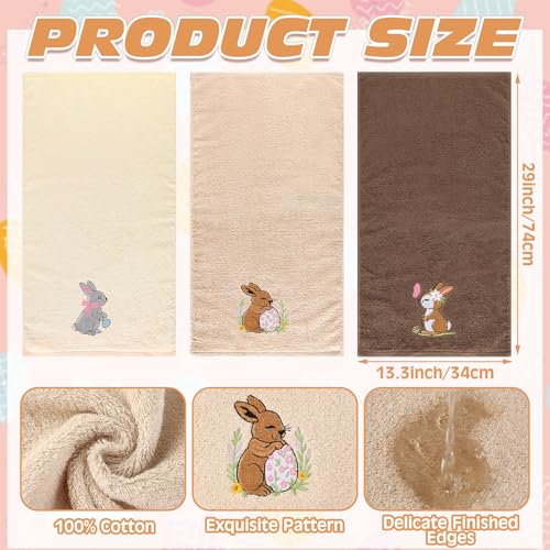 SmoothNovelty 3 Pcs Easter Hand Towels for Bathroom Bunny Egg Embroidered Cotton Kitchen Towels Rabbit Flower Dishcloth 13.3" x 29.5" Easter Kitchen Decors for Housewarming Spring Gift(Beige Brown) - color: Easter, size: 13.3 x 29.5 inches