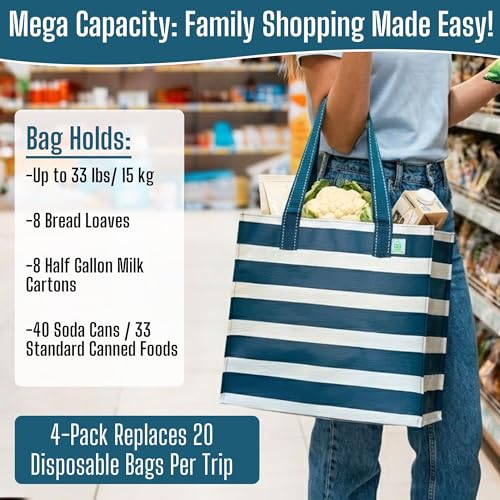 VENO 4 Pack Large Grocery Bag Reusable Shopping Bags with Hard Bottom - color: Classic Navy Stripe