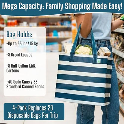 VENO 4 Pack Large Grocery Bag Reusable Shopping Bags with Hard Bottom - color: Classic Navy Stripe
