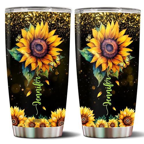 Personalized Sunflower Tumbler Gifts for Women Floral Cup Insulated Stainless Steel 20oz With Lid Travel Coffee Mug Gift for Mom Daughter Sister Friends Wife - color: Sunflower