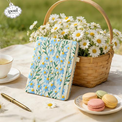 A5 Notebook, Flower Journal, Embroidered Notebook, 8"x6", Hardcover, Lay Flat, Lined, Wide Ruled Paper, Personalized Notebook, Pretty Journal, Daisy Gifts for Women, Blue, with Elastic Band - color: A5-Ruled-Blue Daisy