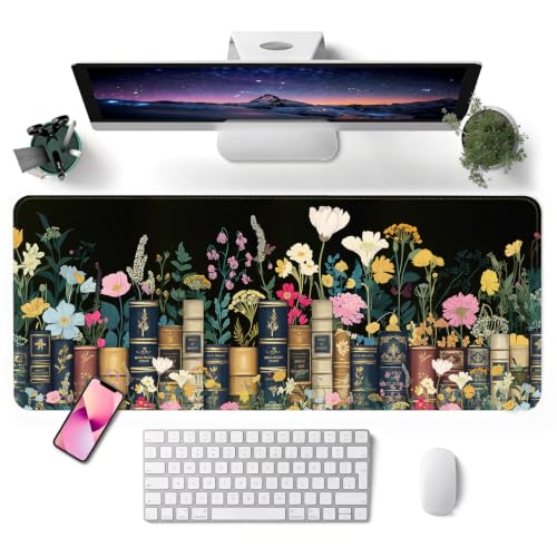 Mouse Pad, Desk Mat, 31.5x11.8in Large Mousepad, Books & Flowers - color: Books & Flowers