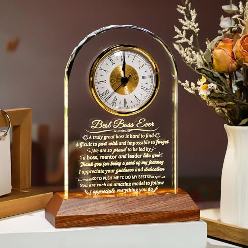 Arikyrist Glass Clock Boss Gifts for Women Men with Wooden Light Base - color: Boss