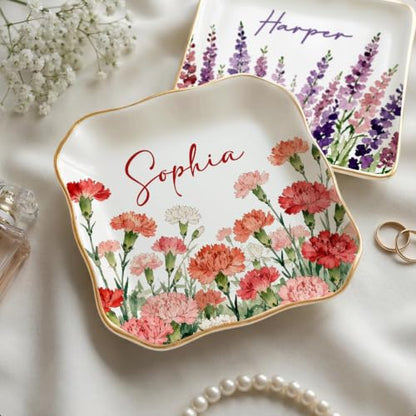 Personalized Ceramic Ring Dish with Name and Birth Flower, Custom Jewelry Tray Trinket Dish for Rings Earrings Necklaces Keys, Birth Month Flower Gift for Mom Bridesmaid Wife Best Friend - color: Birth Month Jewelry Dish