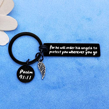 Dabihu Christian Gift Keychain Religious Gift Bible Verse Keyring Baptism Christmas Easter Birthday First Communion Gift - color: For He Will Order His to Protect You Wherever You Go Black Keychain