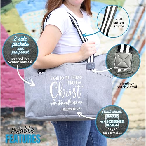 Brooke & Jess Designs Church Bags for Women - Bible Tote Bags for Women, Large Tote Bag for Womens with Zipper - color: Through Christ Gray Tessa
