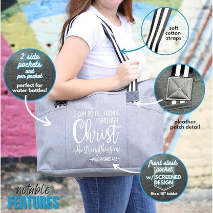 Brooke & Jess Designs Church Bags for Women - Bible Tote Bags for Women, Large Tote Bag for Womens with Zipper - color: Through Christ Gray Tessa