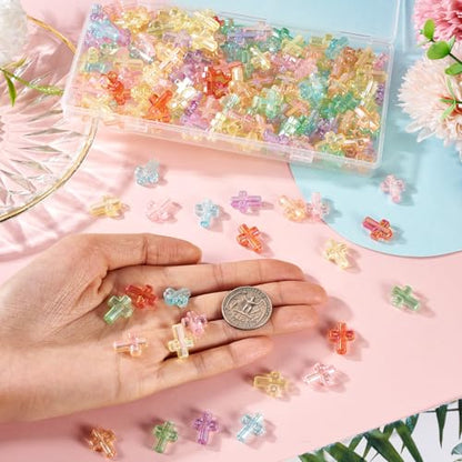 200Pcs Clear Acrylic Cross Kandi Beads AB Color Crucifix Halloween Easter Bracelet Beads for Keychain Iridescent Crafts DIY Jesus Bracelet Rosary Jewelry Making Supplies 16x12.5mm - color: Random AB Colors