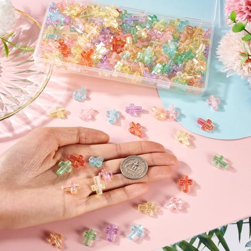 200Pcs Clear Acrylic Cross Kandi Beads AB Color Crucifix Halloween Easter Bracelet Beads for Keychain Iridescent Crafts DIY Jesus Bracelet Rosary Jewelry Making Supplies 16x12.5mm - color: Random AB Colors