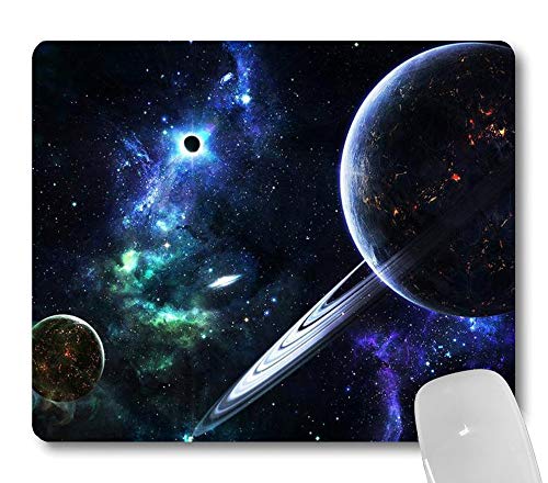 Outer Space Galaxy Navy Blue Mouse Pad, Cosmic Planet Nebula Scene Desk Mat - color: Black Blue