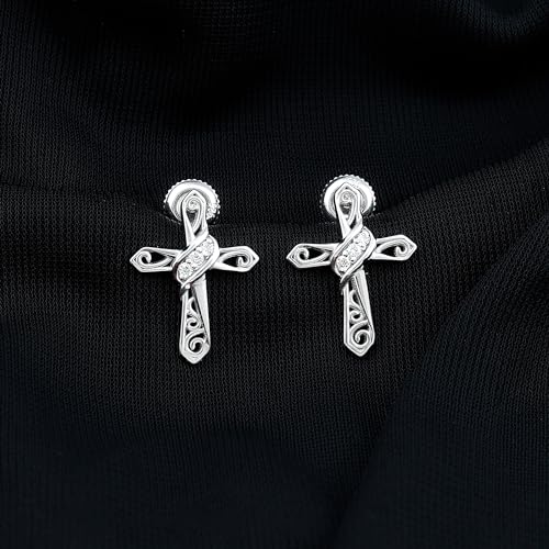 Certified Moissanite Catholic Cross Stud Earrings in Silver, D-Vs1 Quality