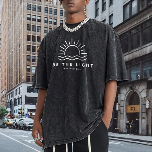 Christian Be The Light Shirts for Men Jesus God Faith Religious Bible Verse T Shirt Oversized Acid Wash Graphic Tees - color: Black, size: X-Small