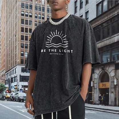 Christian Be The Light Shirts for Men Jesus God Faith Religious Bible Verse T Shirt Oversized Acid Wash Graphic Tees - color: Black, size: X-Small