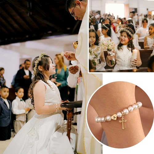 enasal First Communion Gifts for Girls Teens, Initial A-Z Cross Pearl Bracelet for Christian Catholic Daughter Goddaughter - color: Initial-N