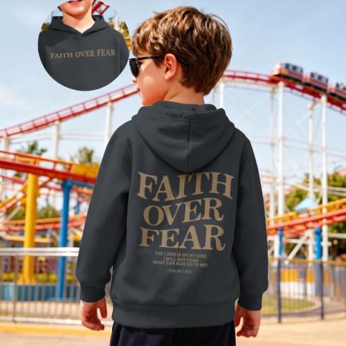 Fkatuzi Boys Christian Faith Over Fear Hoodie Kids Jesus Sweatshirt Faith Verse Bible God Religious Graphic Hoodies Pullover - color: Deep Gray, size: 5-6 Years