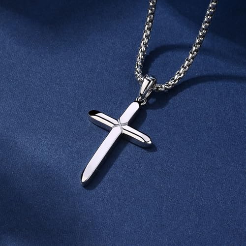 Small Dainty Cross Pendant Necklace 925 Sterling Silver for Women with 18", 20" Sturdy Chain 14K White Gold Plated - size: 20" Chain, style: Slim