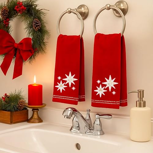 Serafina Home Christmas Bath Hand Towels, Stars with Sequins, Cotton, Red, 16" x 25", Set of 2 - color: Organza Stars