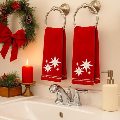 Serafina Home Christmas Bath Hand Towels, Stars with Sequins, Cotton, Red, 16" x 25", Set of 2 - color: Organza Stars