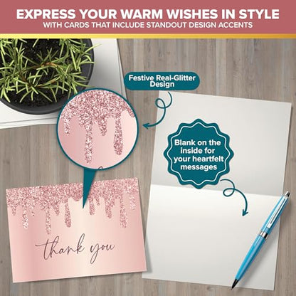 Decorably 24 Pack Glittery 6x4in Pink Rose Gold Thank You Cards - style: Rose Gold