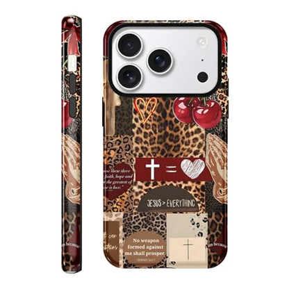 for iPhone 18 Pro 6.3'' Brown Cheetah Christian Phone Case - color: Red Cherry Leopard Collage, size: iPhone 18 Pro