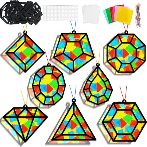 Lonfliness 32Sets Jewel Suncatchers Ornaments Kit DIY Window Stained Glass Effect Paper for Sun Catchers Craft Home Decor Creative Art Projects Activity Birthday Gift - style: Diamond