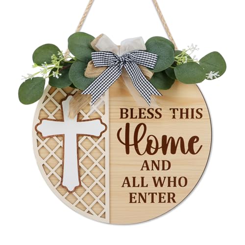 HOURIA 3D Bless This Home Door Wreath(11.4”x11.4”), Vintage Religious Christian Wall Decor,Jesus Cross Welcome Porch Wall Haning Sign,Bless This Home and Who Enter Sign for Church Farmhouse Front Door - color: Bless This Home Sign