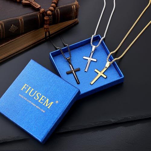 Fiusem Beveled Edge Cross Necklace for Men - size: 22 inches length, style: Silver cross: 1.4"*0.8"