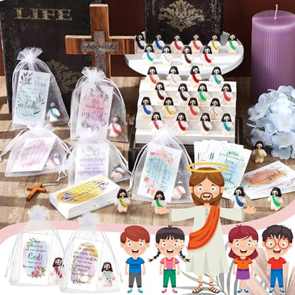 Bememo 50 Sets Christian Gifts Bulk Bible Verse Cards Include Little Jesus Figures Prayer Cards and Organza Bags for Religious Party Favors Sunday Baptism Gifts(Fresh Style,Bright) - color: Bright, style: Fresh Style