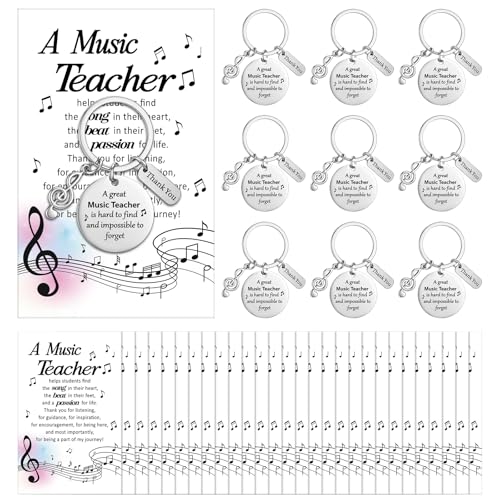 Yinkin 24 Sets Music Teacher Appreciation Gifts Music Keychain Gifts Bulk Thank You Musical Teachers Cards with Keyring for Women Men Teachers Musical Lovers Party Supplies - style: Music Teacher