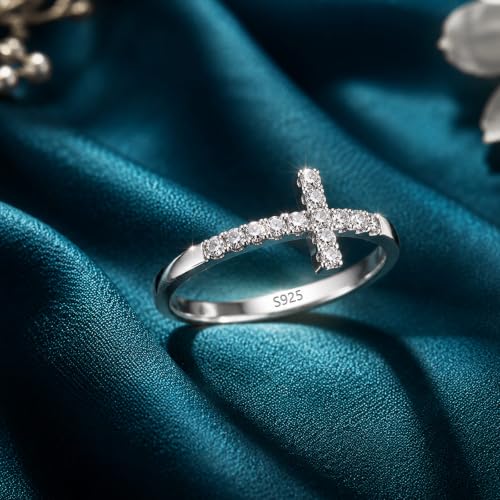 WES Moissanite Cross Ring for Women - Hypoallergenic 925 Sterling Silver 14K White Gold Plated Dainty Stackable Wedding Band Eternity Ring, Size 4-11