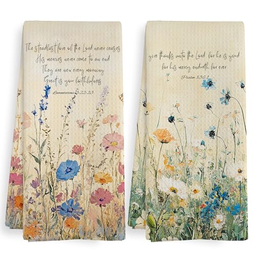 Vintage Spring Floral Decorative Kitchen Towels and Dishcloths Sets of 2, Christian Gifts, Wildflower Christian Scripture Decor Decorations Dish Hand Tea Towels for Bathroom Kitchen,16x24Inch - color: Mercy Thanks