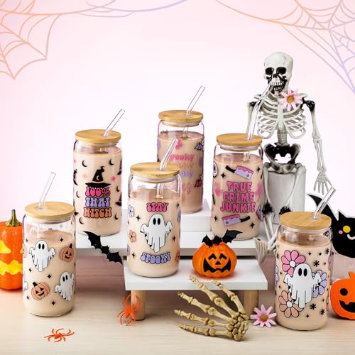 SiliFine 6 Pcs Halloween Glass Cups, 16 oz with Lids and Straws - style: Ghost
