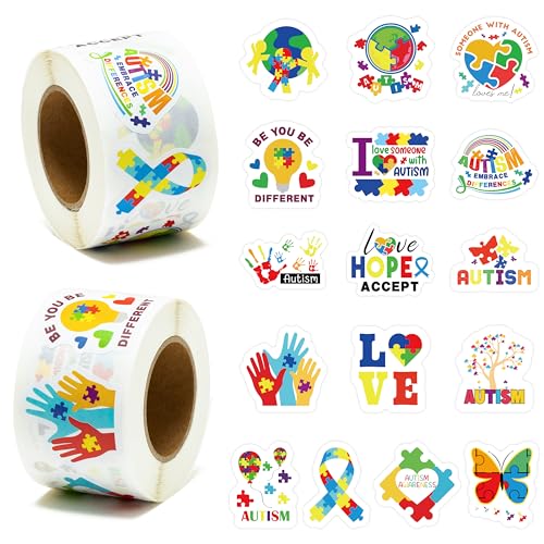 BeYumi Autism Awareness Roll Stickers - 1000Pcs Autism Stickers in 2 Rolls Waterproof Vinyl Decals for Phone Laptop Bottle Notebook Luggage Computer Classroom Decor for Kids Students - style: Autism