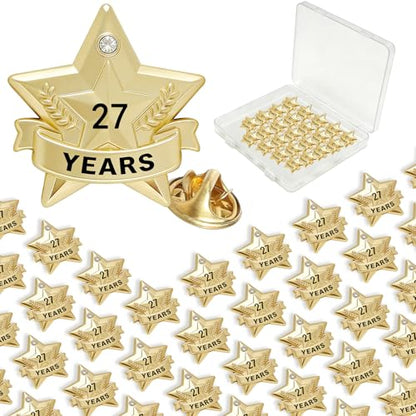 Years of Service Pins, Gold Star Pin for 1-30 Year Work Anniversary, Long Standing Employee Recognition Award Star Pins for Staff, Team & Volunteers - style: 27 Years