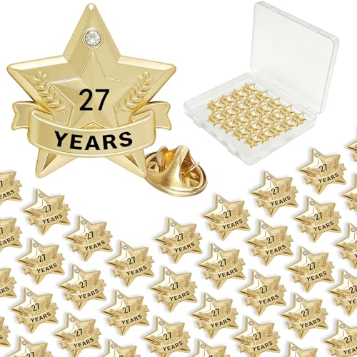 Years of Service Pins, Gold Star Pin for 1-30 Year Work Anniversary, Long Standing Employee Recognition Award Star Pins for Staff, Team & Volunteers - style: 27 Years