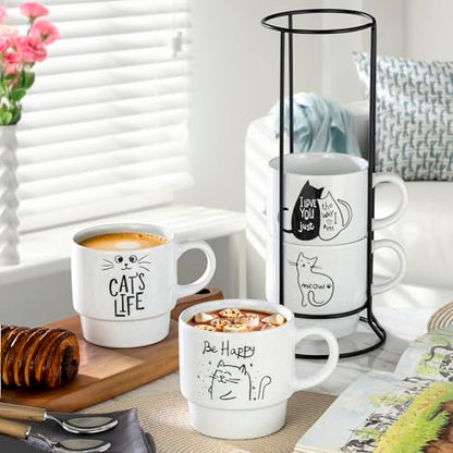 Signature Housewares Stackable Coffee Mug Tower Set with Metal Wire Rack - 15 Ounce Coffee Mugs for Coffee, Tea, Cocoa, Milk, Cappuccino, Hot Chocolate Set of 4 - Cat's Life - color: Cat's Life, size: 15oz