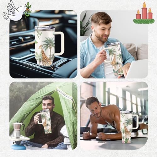 Giraffe 40 oz Tumbler, with Handle & Straw, Insulated Coffee Cup - color: Giraffe