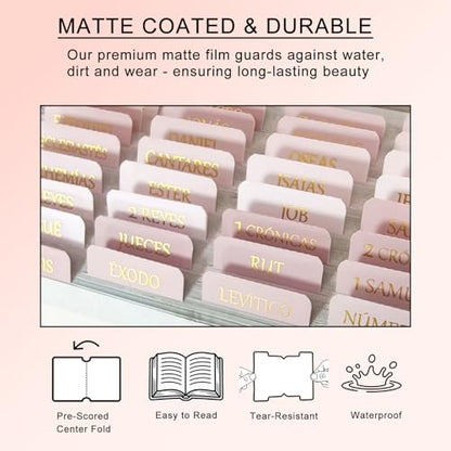 Vorscrin-Laminated Bible Tabs for Women and Men, Gold Foil Lettering Design, Reposition and Large Print Stickers, Bible Study Supplies, 90 Chapters Labels for Easy Navigation(Spanish Light Pink) - color: Spanish Light Pink